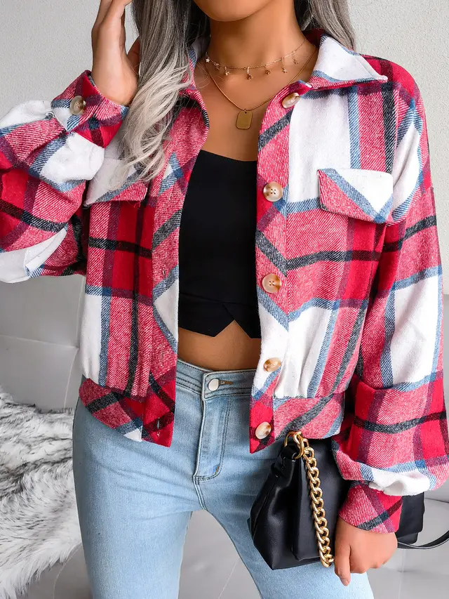 Plaid Lantern Sleeve Wool Coat Jacket Red - Shop at LoveMi