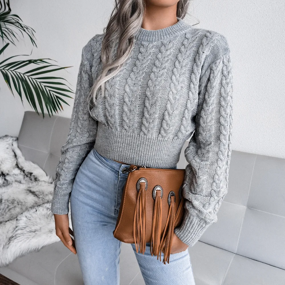 Cable Knit Waist Cinched Cropped Sweater Gray - Shop at LoveMi