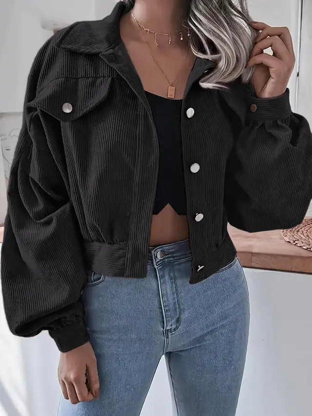 Lantern Sleeve Corduroy Casual Short Jacket Black - Shop at LoveMi
