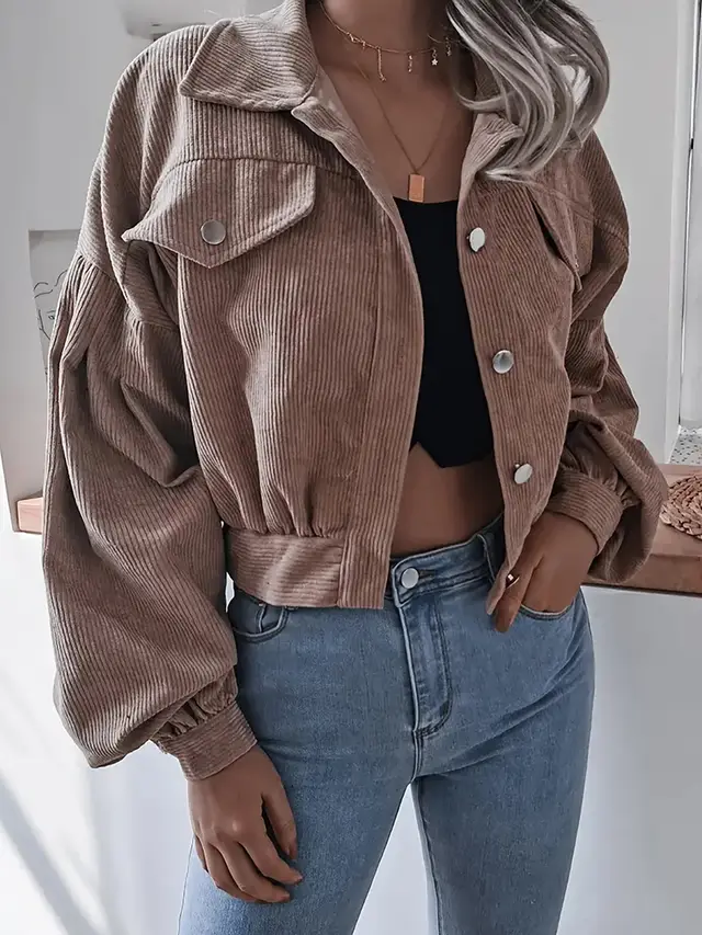 Lantern Sleeve Corduroy Casual Short Jacket Khaki - Shop at LoveMi
