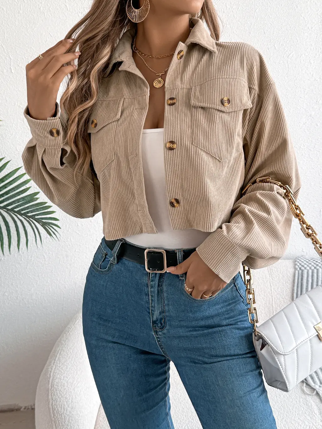 Casual Pocket Long Sleeve Corduroy Short Jacket Coat - Khaki