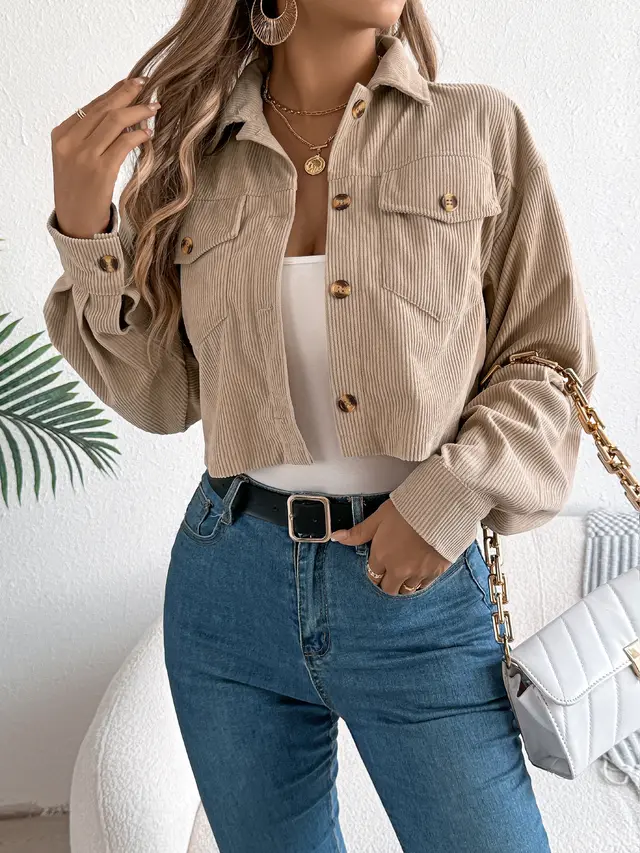 Casual Pocket Long Sleeve Corduroy Short Jacket Coat Khaki - Shop at LoveMi