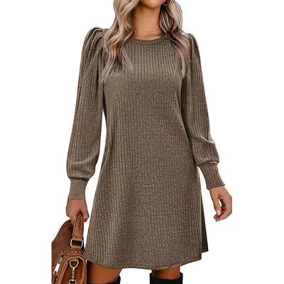 Women's Puff Sleeve Midi Dress Spring Fall Casual Long Sleeve Round Neck Dress Khaki - Shop at LoveMi