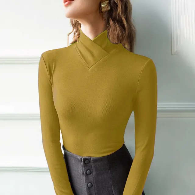 Women's Cross High Neck Top Long Sleeve Slim Fit Dressy Casual Shirt For Spring & Fall Yellow - Shop at LoveMi