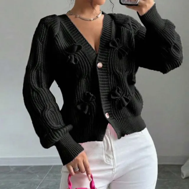 Women's Bow Cropped Cardigan Long Sleeve V Neck Button Down Knit Sweater Top Black - Shop at LoveMi