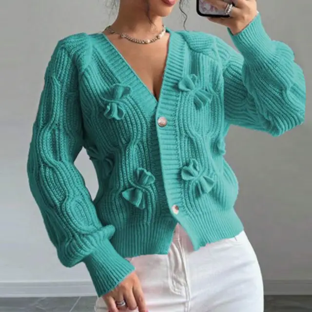 Women's Bow Cropped Cardigan Long Sleeve V Neck Button Down Knit Sweater Top Green - Shop at LoveMi