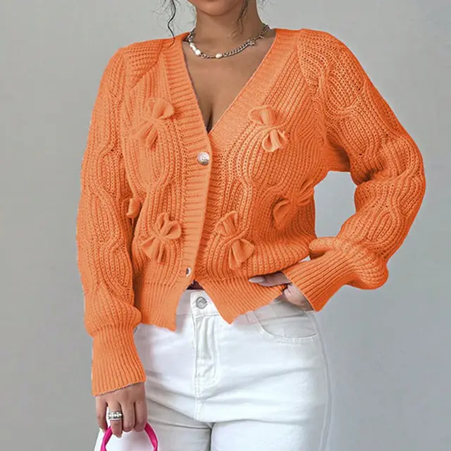 Women's Bow Cropped Cardigan Long Sleeve V Neck Button Down Knit Sweater Top Orange - Shop at LoveMi