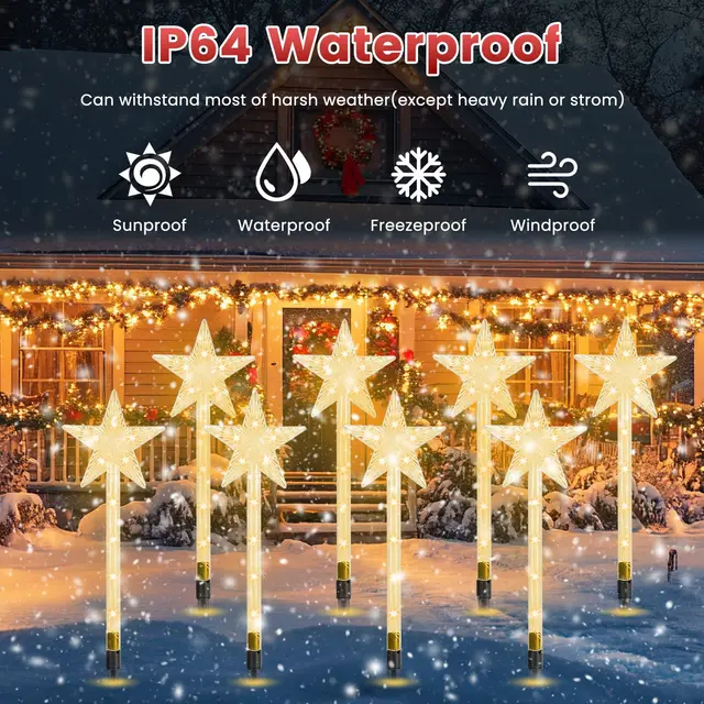 8Pack Christmas Solar Stake Light 64LED Beads Star Shaped Pathway Lights With 8 Lighting Modes IP64 Waterproof Xmas Decoration For Garden Patio Yar... - Shop at LoveMi