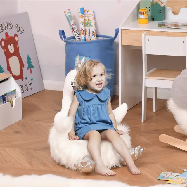 Stuffed Animal Sofa Armrest Chair Cartoon Storage Bean Bag Chair for Kids with Cute Swan Flannel PP 22" x 16.5" x 22" White - Shop at LoveMi