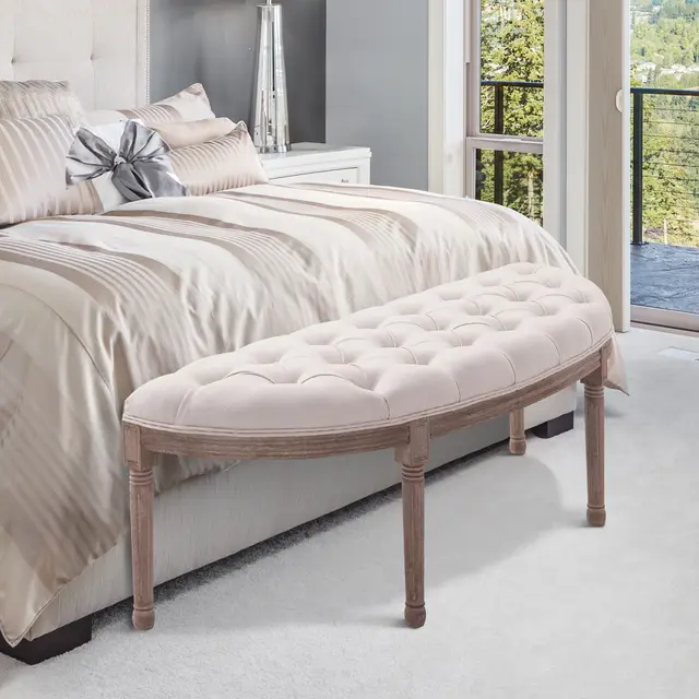 Semi Circle End of Bed Bench with Tufted Design Off White - Shop at LoveMi