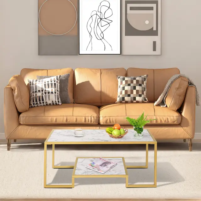 Minimalist Art Deco Coffee Table with Laminate Marble Print Table Top & Underneath Storage Shelf White And Gold - Shop at LoveMi