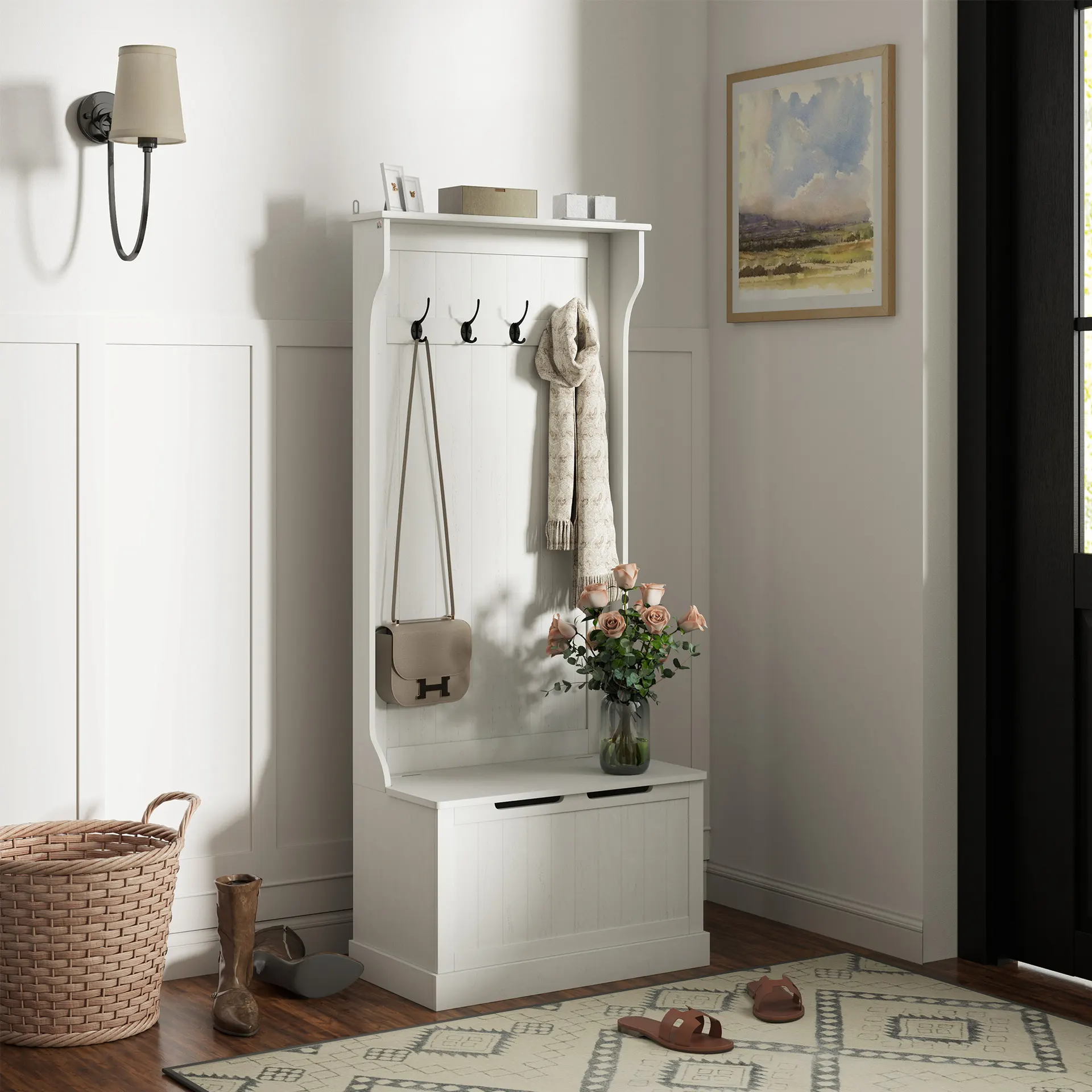 Hall Tree with Coat Rack - Cream White
