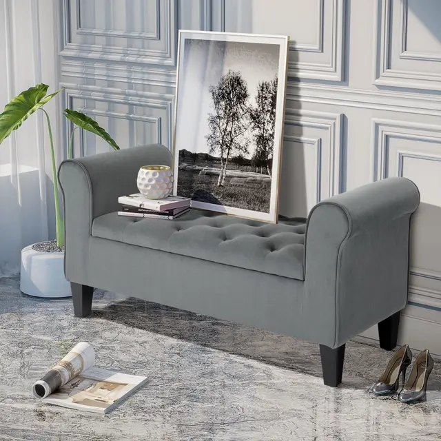 Button Tufted Storage Ottoman Bench Grey - Shop at LoveMi