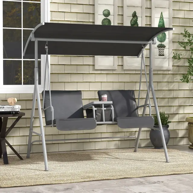 2 Seater Outdoor Porch Swing with Canopy and Table Gray - Shop at LoveMi