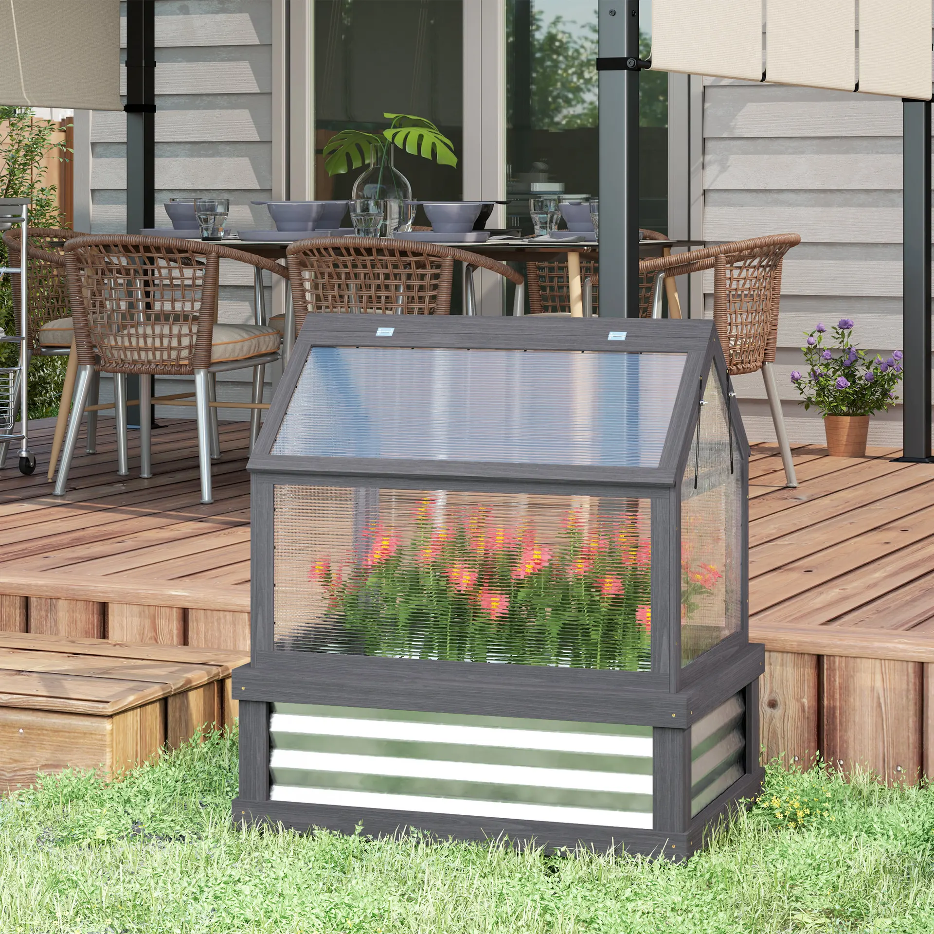 Raised Garden Flower Bed Kit with Greenhouse - Gray