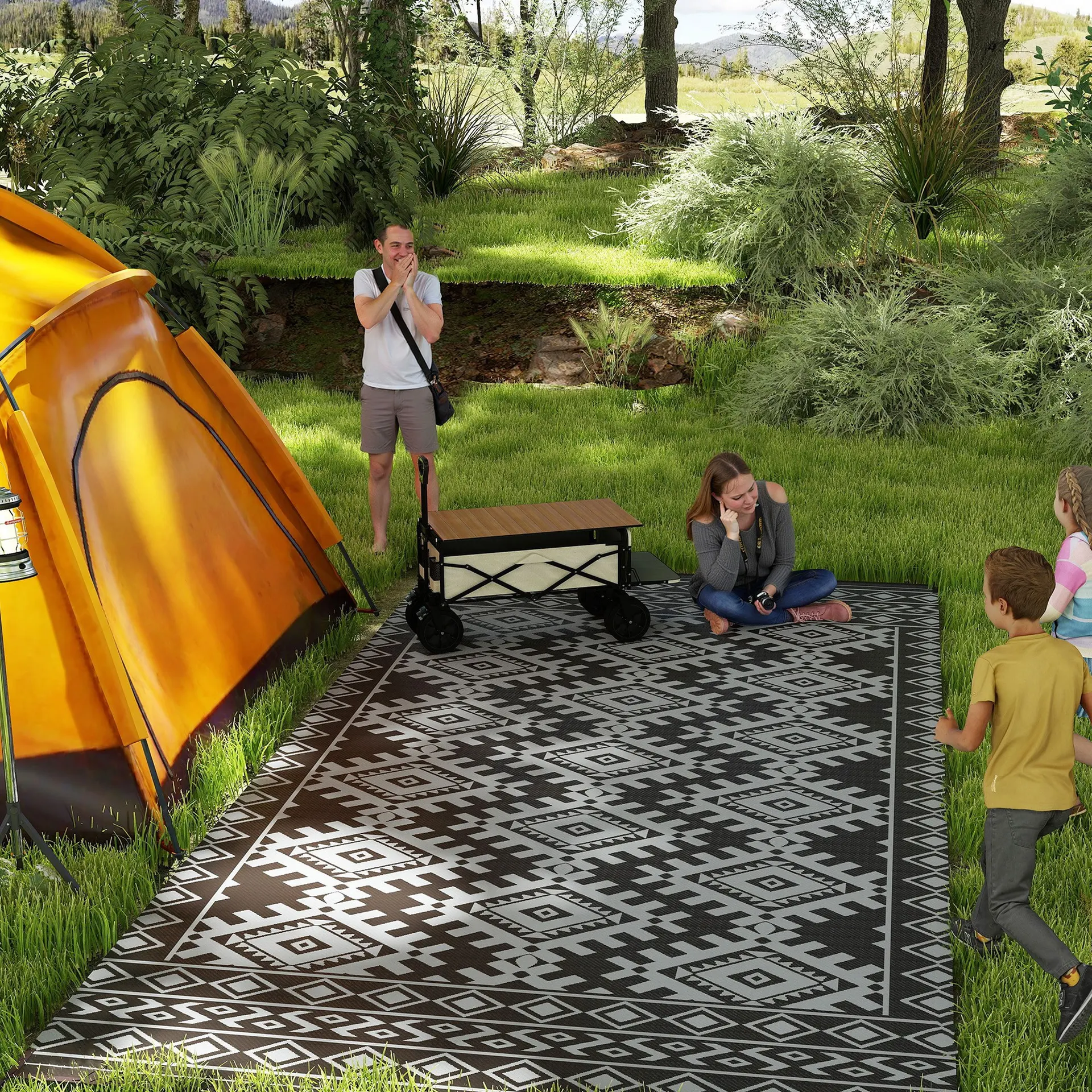 Reversible Outdoor Rug - Black, Gray Rhombus Border - View 1