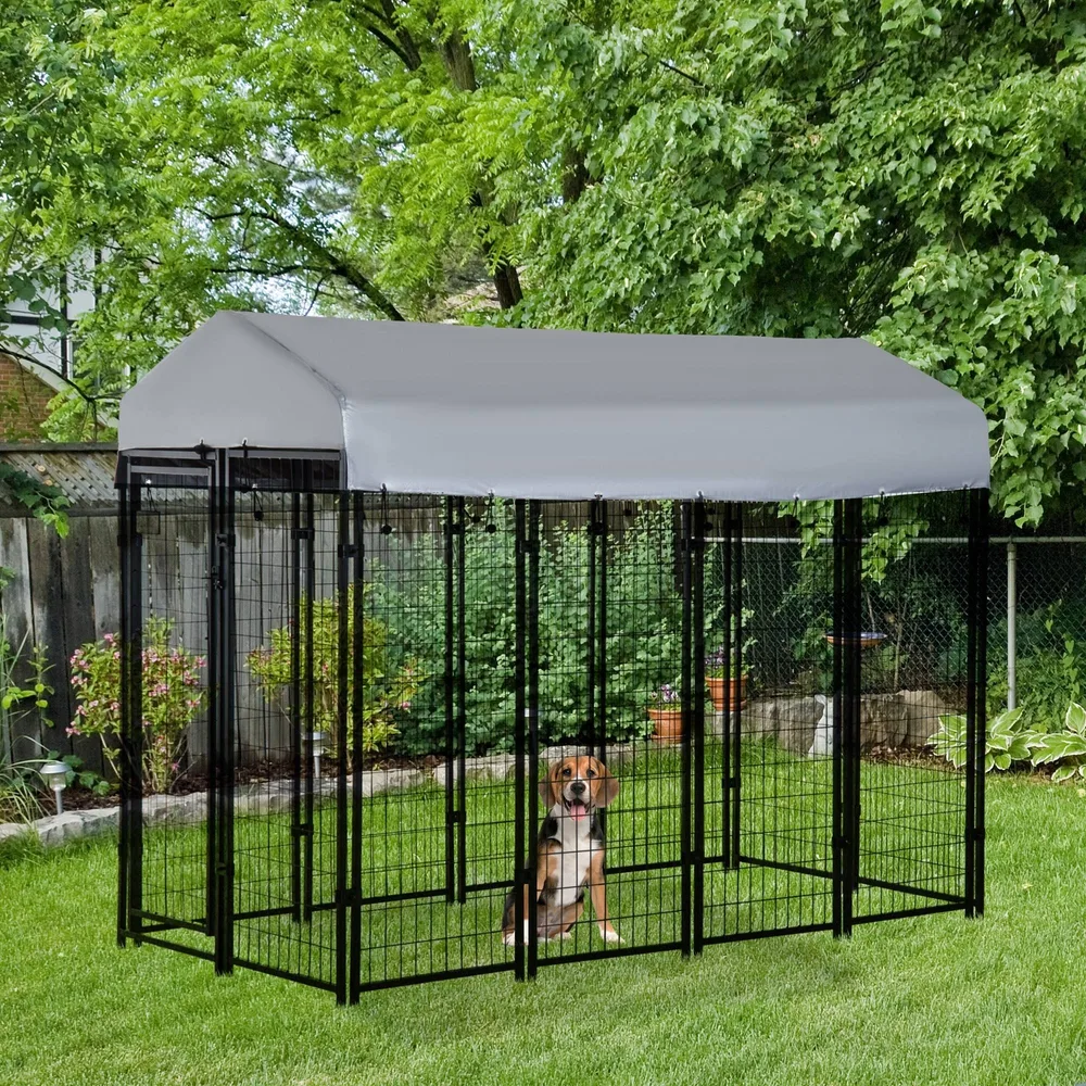 Outdoor Dog Kennel with Roof - Silver - View 1