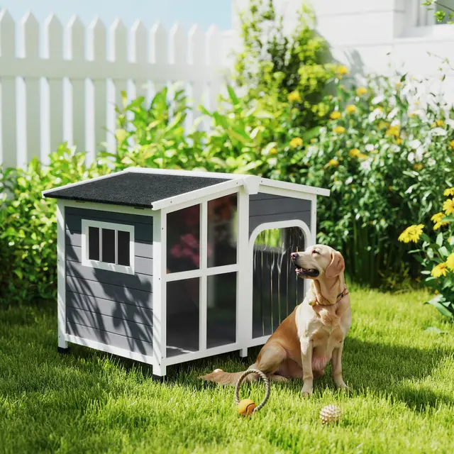 Cabin Style Dog House for Large Dogs with Openable Roof & Giant Window Dark Gray - Shop at LoveMi