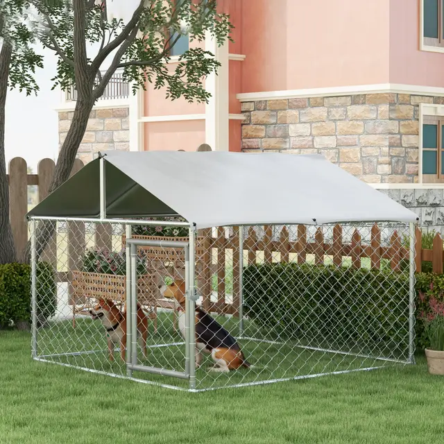 6.6' x 6.6' x 4.9' Dog Kennel Outdoor for Small Medium Dogs with Waterproof Roof Silver - Shop at LoveMi