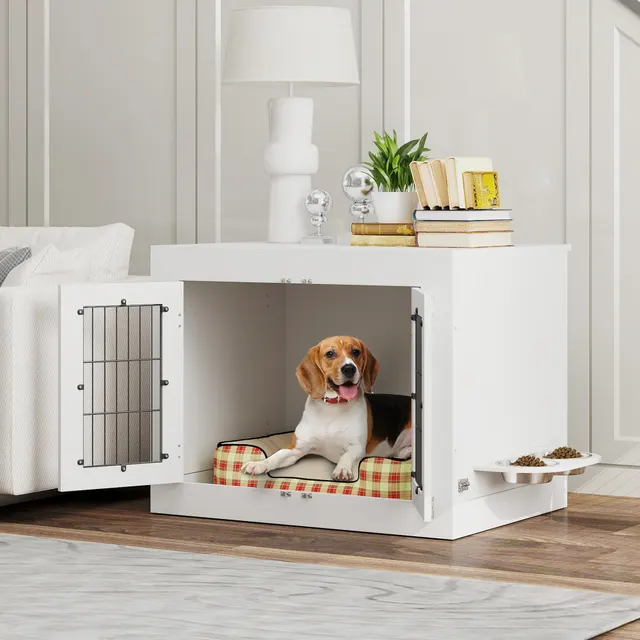 Dog Crate Furniture with 360° Rotatable Removable Dog Bowls White - Shop at LoveMi