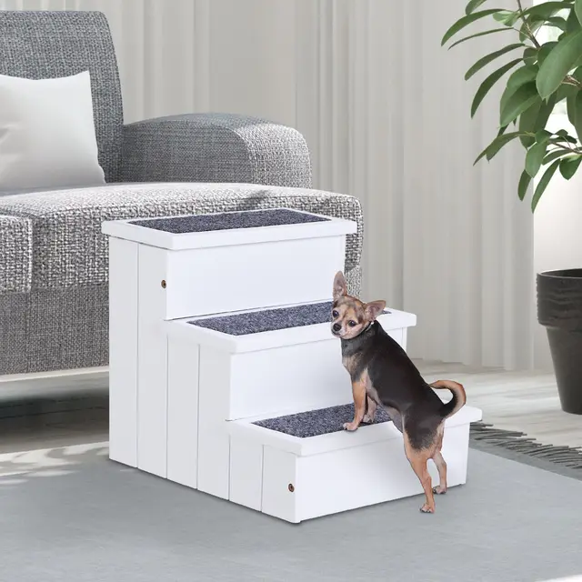 3 Step Carpeted Non Slip Pet Stairs Ramp for Cats and Small Dogs White - Shop at LoveMi