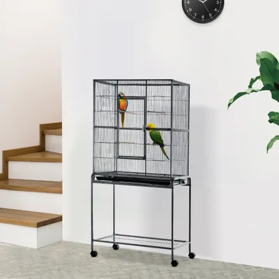 Rolling L Bird Cage w/ Storage Shelf Perch Food Container Black And Gray - Shop at LoveMi