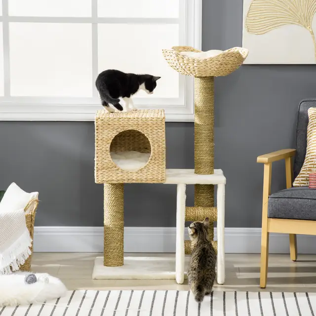Cattail Weave Cat Tree for Indoor Cats Kitty Tower with Cat Condo Natural Wood - Shop at LoveMi