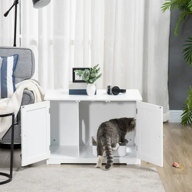 Modern Cat Litter Box Enclosure with Adjustable Partition for Customizable Space White - Shop at LoveMi