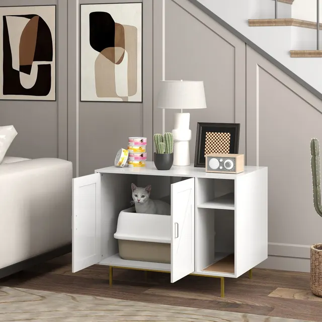 Cat Litter Box Enclosure End Side Table with Scratching Pad White - Shop at LoveMi