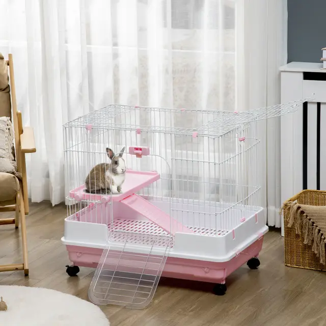 2 Level Small Animal Cage Rabbit Hutch with Wheels Pink - Shop at LoveMi