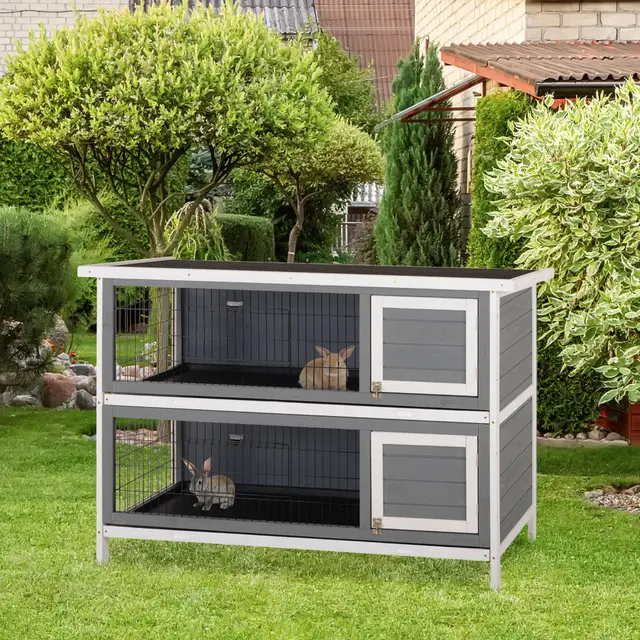 54" 2 Story Large Rabbit Hutch Bunny Cage Pet House Small Animal Habitat with Lockable Doors Dark Grey - Shop at LoveMi