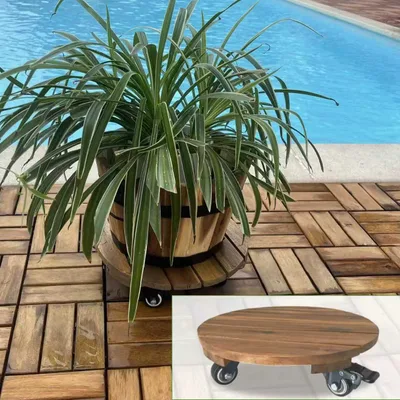 Round Wood Plant Candy With Wheels Diameter 12in, Brown Brown - Shop at LoveMi