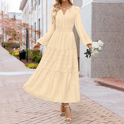 Women's Solid Color V Neck Smocked Waist Maxi Dress, Bohemian A Line Long Sleeve For Vacation And Daily Wear Beige - Shop at LoveMi