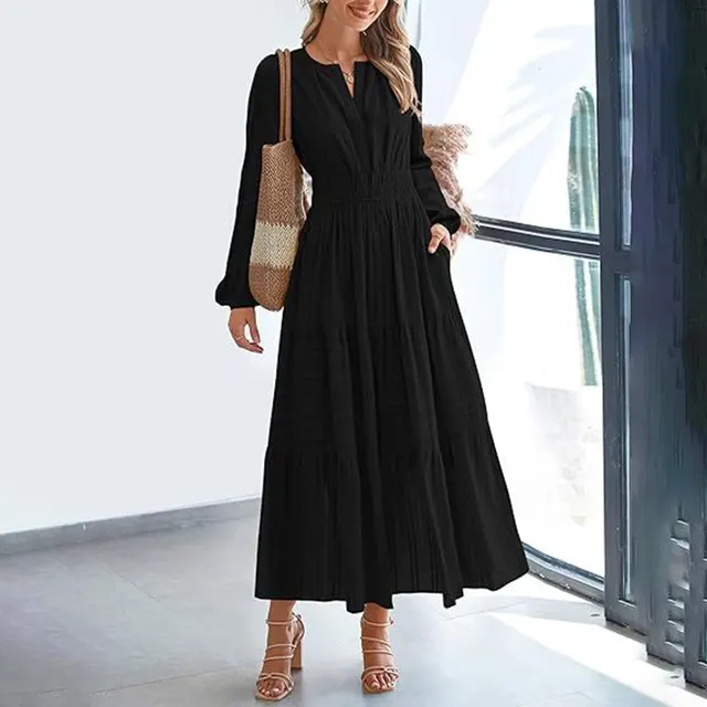 Women's Solid Color V Neck Smocked Waist Maxi Dress, Bohemian A Line Long Sleeve For Vacation And Daily Wear Black - Shop at LoveMi