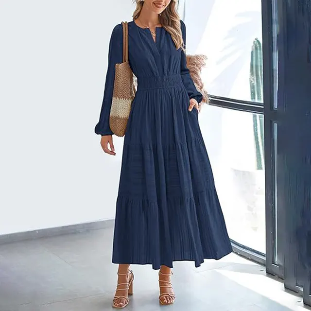Women's Solid Color V Neck Smocked Waist Maxi Dress, Bohemian A Line Long Sleeve For Vacation And Daily Wear Navy Blue - Shop at LoveMi
