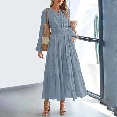 Women's Solid Color V Neck Smocked Waist Maxi Dress, Bohemian A Line Long Sleeve For Vacation And Daily Wear Ocean Blue - Shop at LoveMi