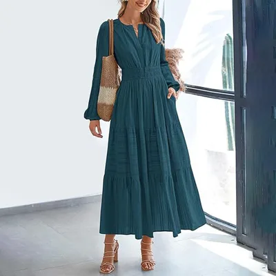 Women's Solid Color V Neck Smocked Waist Maxi Dress, Bohemian A Line Long Sleeve For Vacation And Daily Wear Peacock Green - Shop at LoveMi