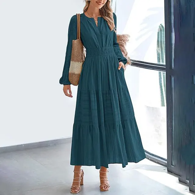 Women's Solid Color V Neck Smocked Waist Maxi Dress, Bohemian A Line Long Sleeve For Vacation And Daily Wear Peacock Green - Shop at LoveMi