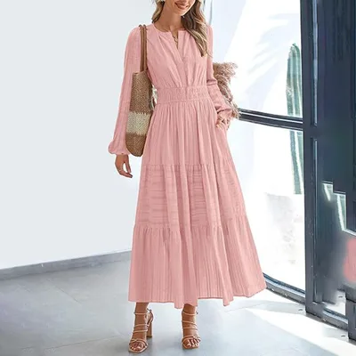 Women's Solid Color V Neck Smocked Waist Maxi Dress, Bohemian A Line Long Sleeve For Vacation And Daily Wear Pink - Shop at LoveMi
