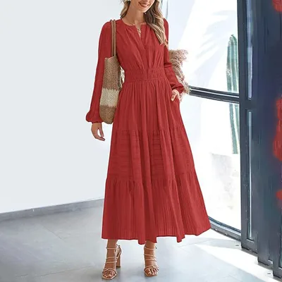 Women's Solid Color V Neck Smocked Waist Maxi Dress, Bohemian A Line Long Sleeve For Vacation And Daily Wear Red - Shop at LoveMi