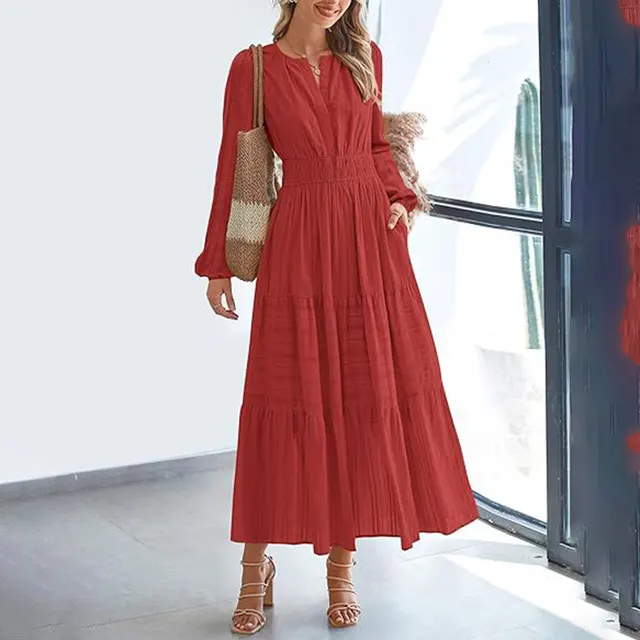Women's Solid Color V Neck Smocked Waist Maxi Dress, Bohemian A Line Long Sleeve For Vacation And Daily Wear Red - Shop at LoveMi