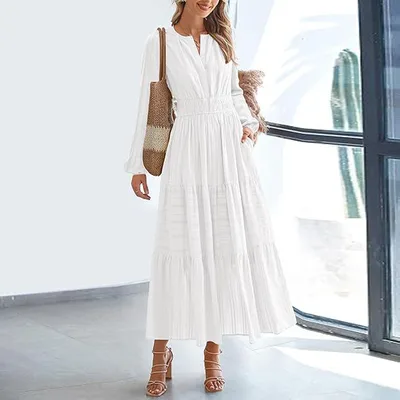 Women's Solid Color V Neck Smocked Waist Maxi Dress, Bohemian A Line Long Sleeve For Vacation And Daily Wear White - Shop at LoveMi