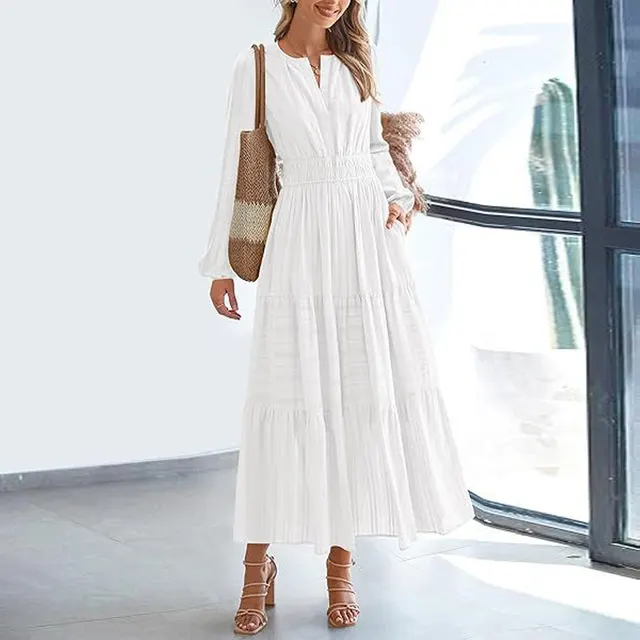 Women's Solid Color V Neck Smocked Waist Maxi Dress, Bohemian A Line Long Sleeve For Vacation And Daily Wear White - Shop at LoveMi