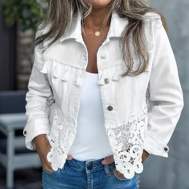 Women's Lace Hollow Out Jacket Chic Long Sleeve Button Down Shirt With Tassel Details White - Shop at LoveMi
