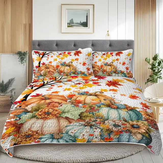 Autumn Theme Quilt Set Pumpkin Print Bedspread Coverlet Queen - Shop at LoveMi