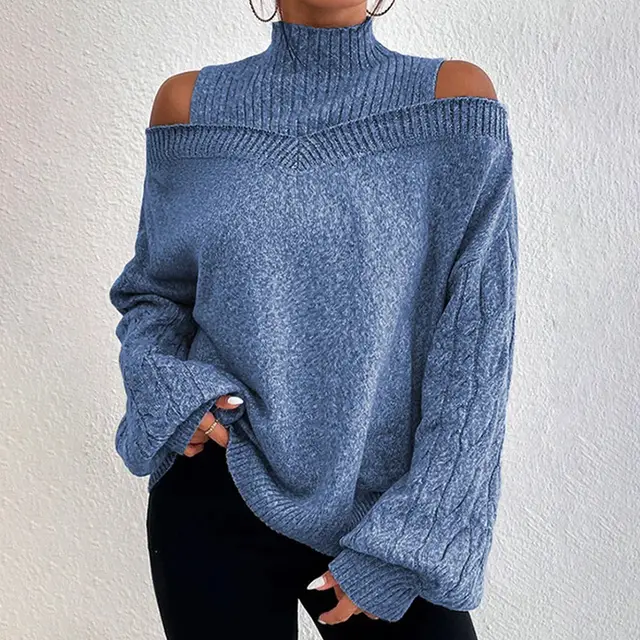 Women's Cold Shoulder Sweater Sexy High Neck Cut Out Pullover Long Sleeve Top Peacock Blue - Shop at LoveMi