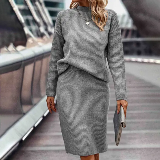 Women's Two Piece Set Pullover Sweater & Bodycon Skirt Cozy Outfit Light Gray - Shop at LoveMi