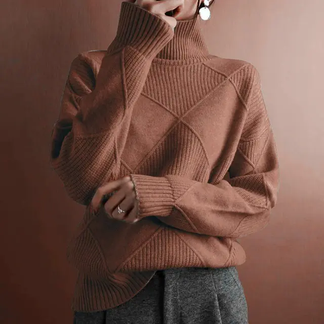 Women's Mock Neck Pullover Fall Winter Loose Fit Long Sleeve Sweater, Solid Color Casual Knit Top Brown - Shop at LoveMi