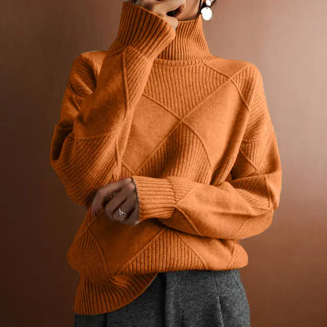 Women's Mock Neck Pullover Fall Winter Loose Fit Long Sleeve Sweater, Solid Color Casual Knit Top Orange - Shop at LoveMi