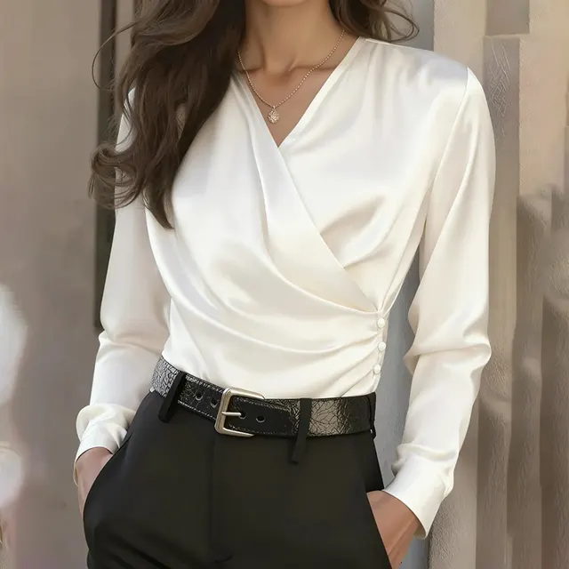 Women's Elegant Cross V Neck Blouse, Ruffle Detail Button Accent Office Shirt For Casual Wear White - Shop at LoveMi